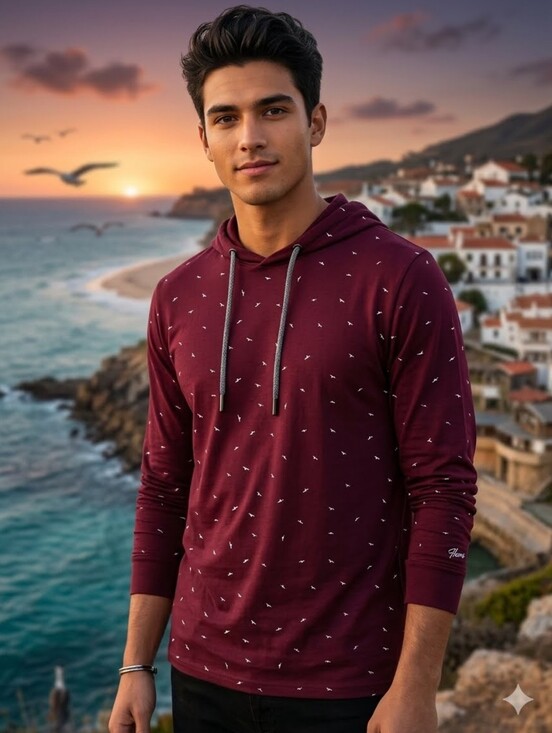 Denim & Flower Other - Denim & Flower Maroon Shirt Hoodie with Bird Pattern